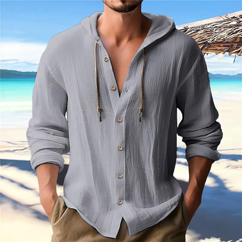 Breathable Cotton Hooded Shirt For Men With Button Front And Adjustable Drawstring Streetwave