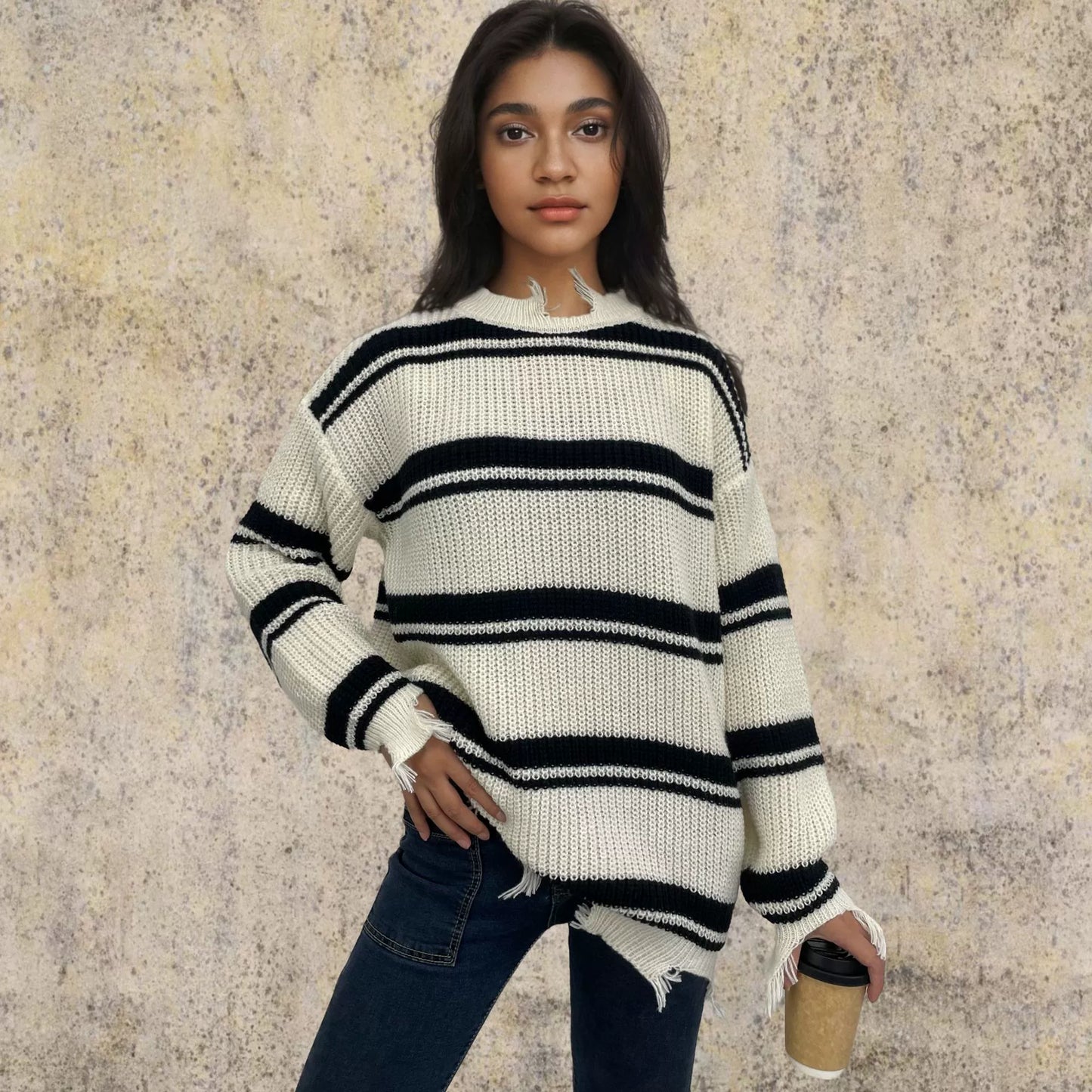 Street-wave Cozy Oversized Striped Knit Wool Sweater With Fringed Hem For Plus Size Women