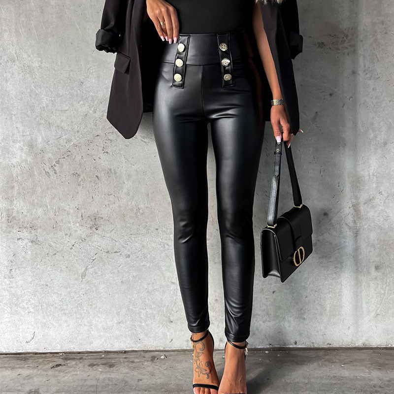 Street-Wave Women Faux Leather Leggings With Glossy Finish High Waist Decorative Buttons