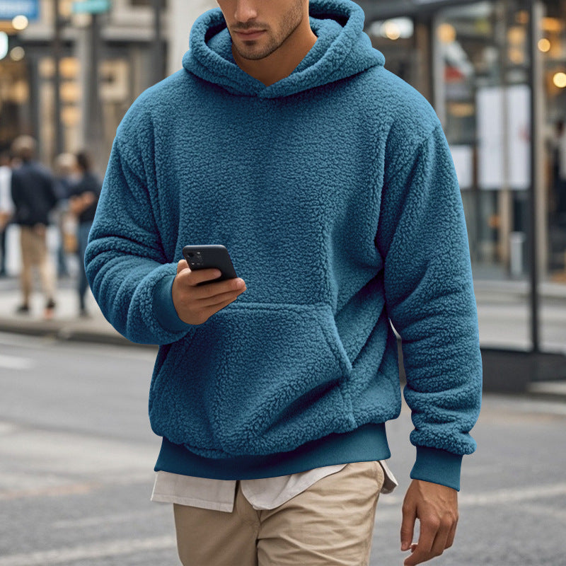 Men's Teddy Fleece Hoodie Street Wave Cozy Warmth With Kangaroo Pocket And Wide Cuffs