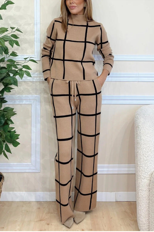 Street-wave Women Elegant Knit Loungewear Set With Graphic Grid Pattern Roll-Neck Top And Elastic-Waist Pants