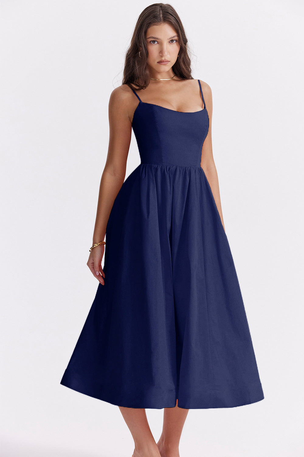 Streetwave Navy Maxi Dress With Spaghetti Straps And Flowy Skirt For Elegant Occasions