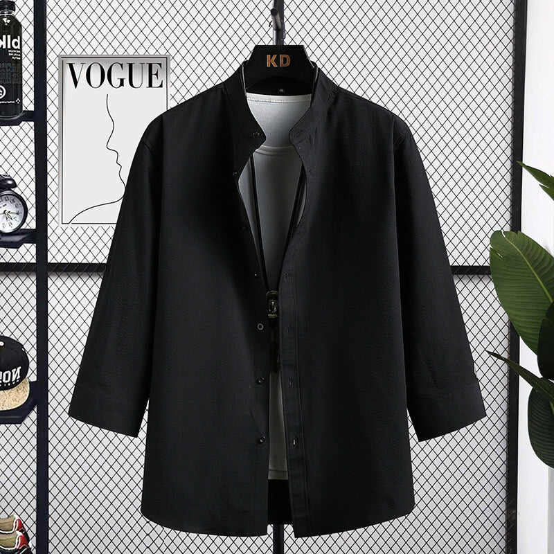 Street-Wave Mens Nizza Long Sleeve Shirt With Modern Stand Collar And Textured Fabric Versatile Everyday Wear