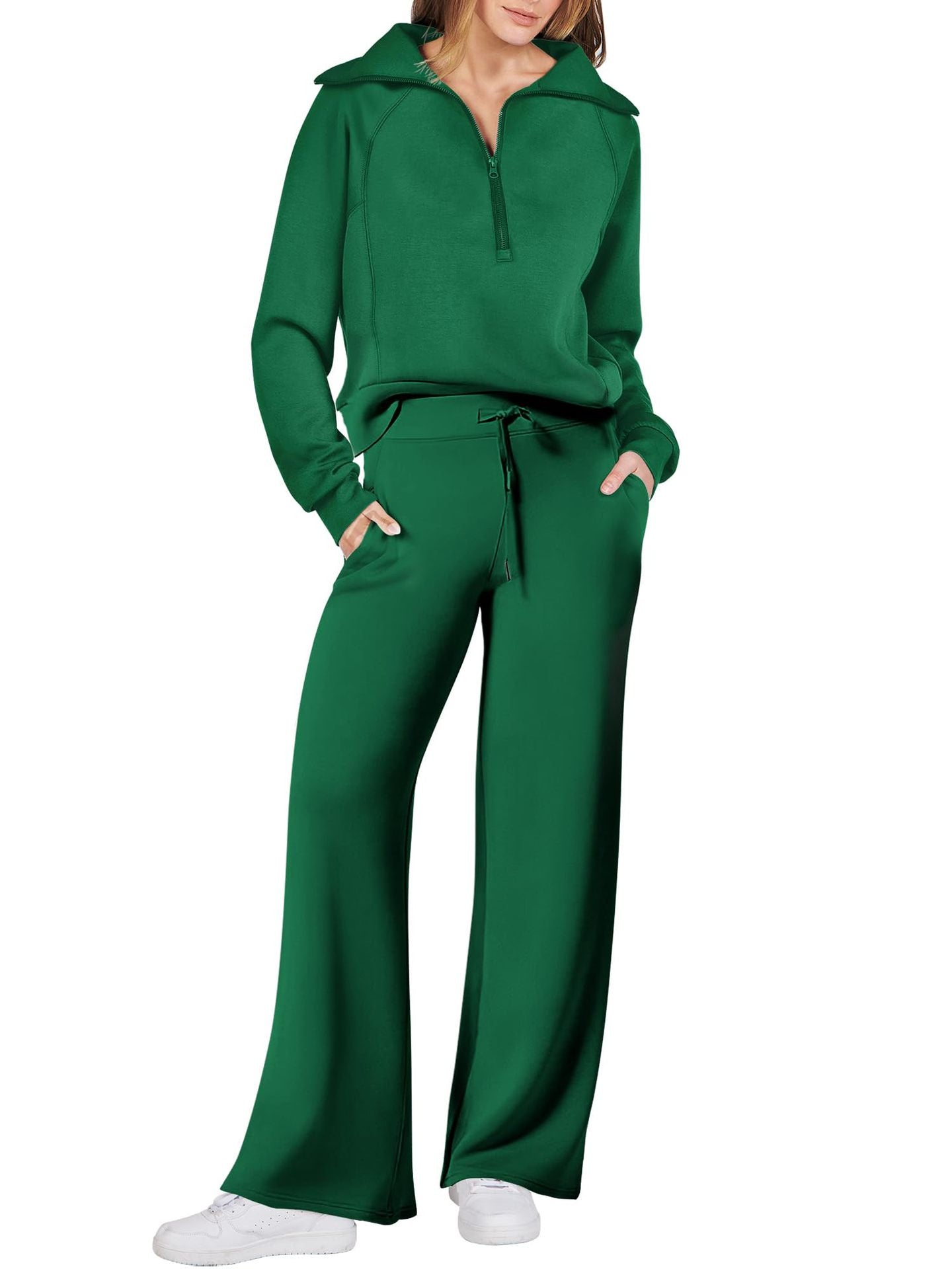 Street-wave Women’s Cozy Two Piece Set With Zip Front And Pockets Casual Loungewear For Home