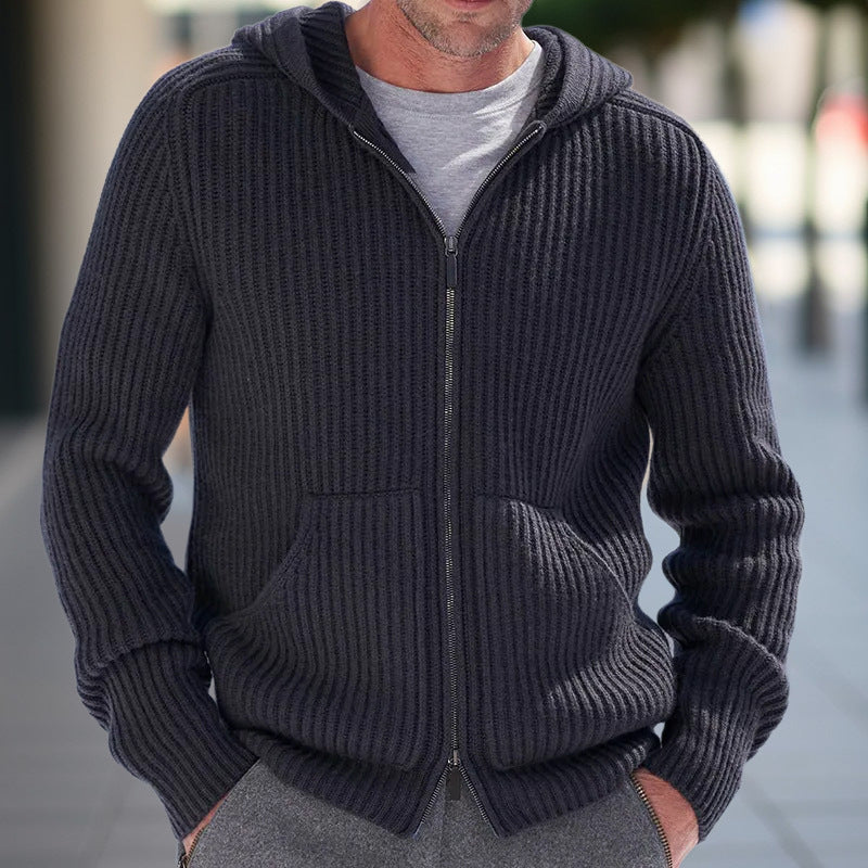 Men's Hooded Knit Cardigan With Relaxed Fit And Ribbed Texture For Casual Layering Long Sleeve