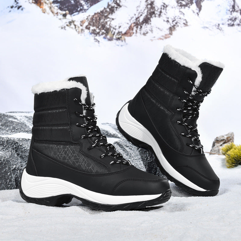 Street Wave High Top Boots With Plush Faux Fur Lining Lace Up For Stylish Women Winter Warmth