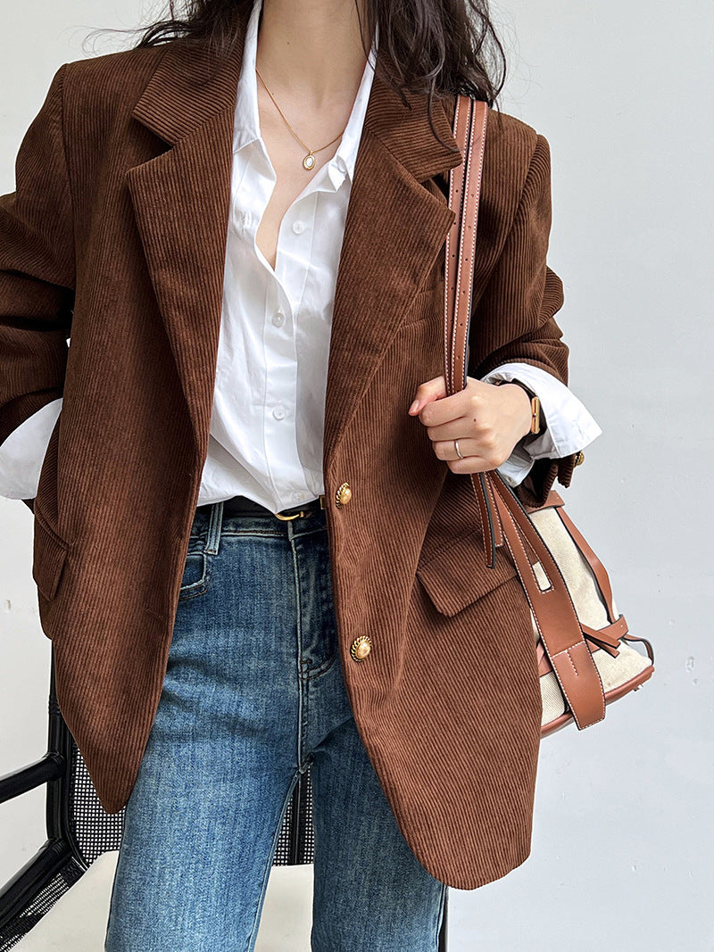 Street-Wave Corduroy Blazer With Metal Buckles Loose Fit For Women Urban Streetwear