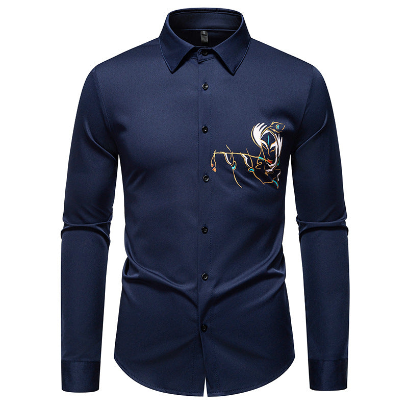 Street-wave Elegant Mens Long Sleeve Shirt With Creative Embroidery Breathable Cotton Office Casual