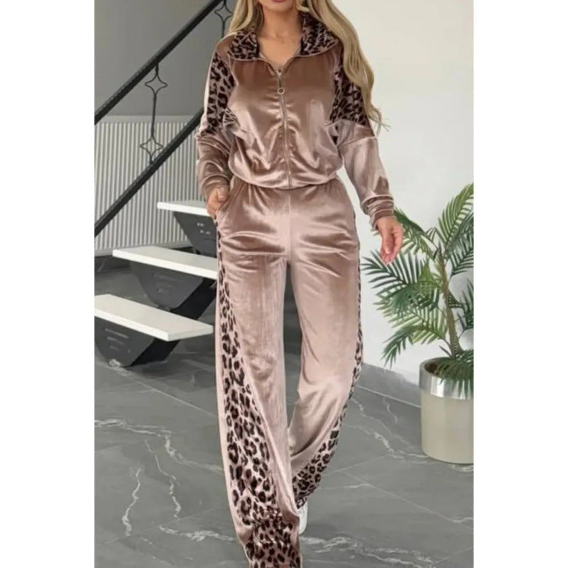 Street-Wave Women's Leopard-Print Velour Tracksuit With Leopard Appliques Soft Cozy Comfort