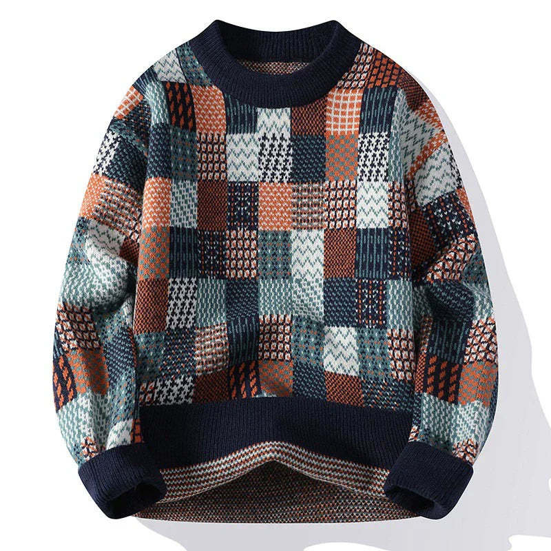 Men's Wool Knit Pullover Sweater With Checkerboard Patchwork, Relaxed Fit, Crew Neck