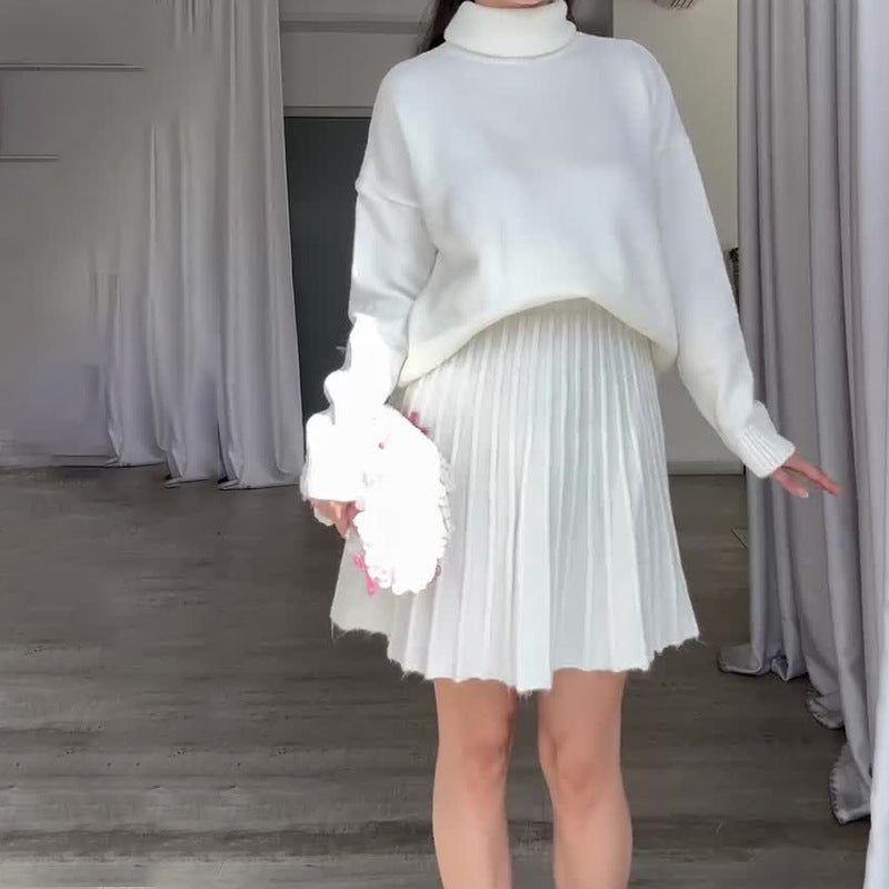 Street Wave Women Elegant Knit Set With Turtleneck Sweater And Flowing Skirt Cozy Chic Ensemble