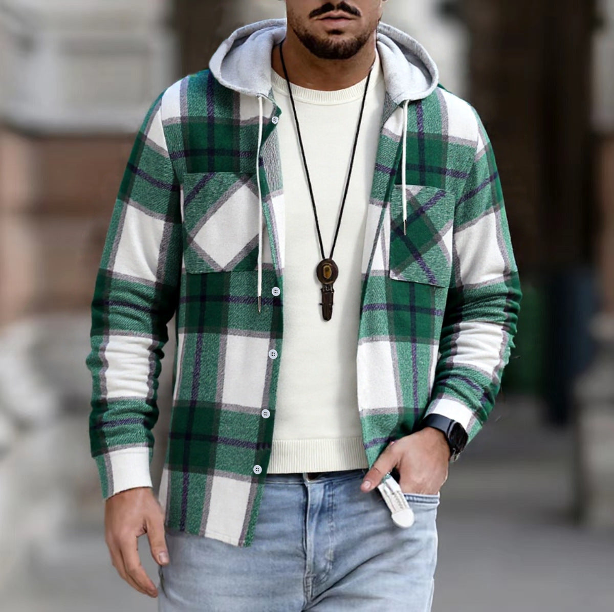 Street-wave Men's Hooded Plaid Casual Jacket With Easy Care Fabric For Effortless Everyday Style