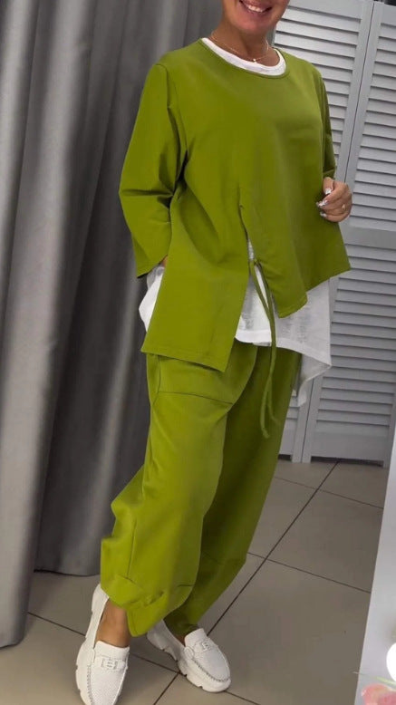 Streetwave Womens Lounge Set Layered Top With Side Slits And Overlay Blouse Casual Chic