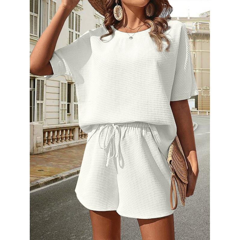 Street-wave Women's Breathable Knit Top And Shorts Set With Elastic Drawstring Waist