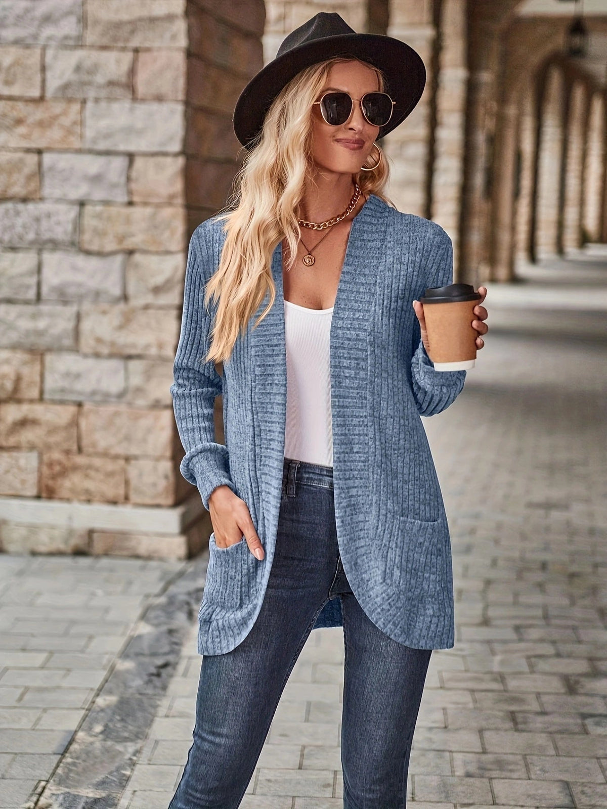 Street-Wave Women Open Front Knit Cardigan With Structured Texture And Pockets All Day Comfort
