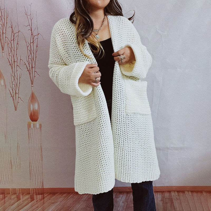 Street-Wave Chunky Knit Cardigan With Pockets For Women Soft Cozy Silhouette Open Front