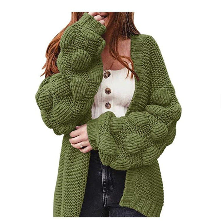 Street-wave Women's Chunky Knit Cardigan With Voluminous Sleeves For Cozy Everyday Style