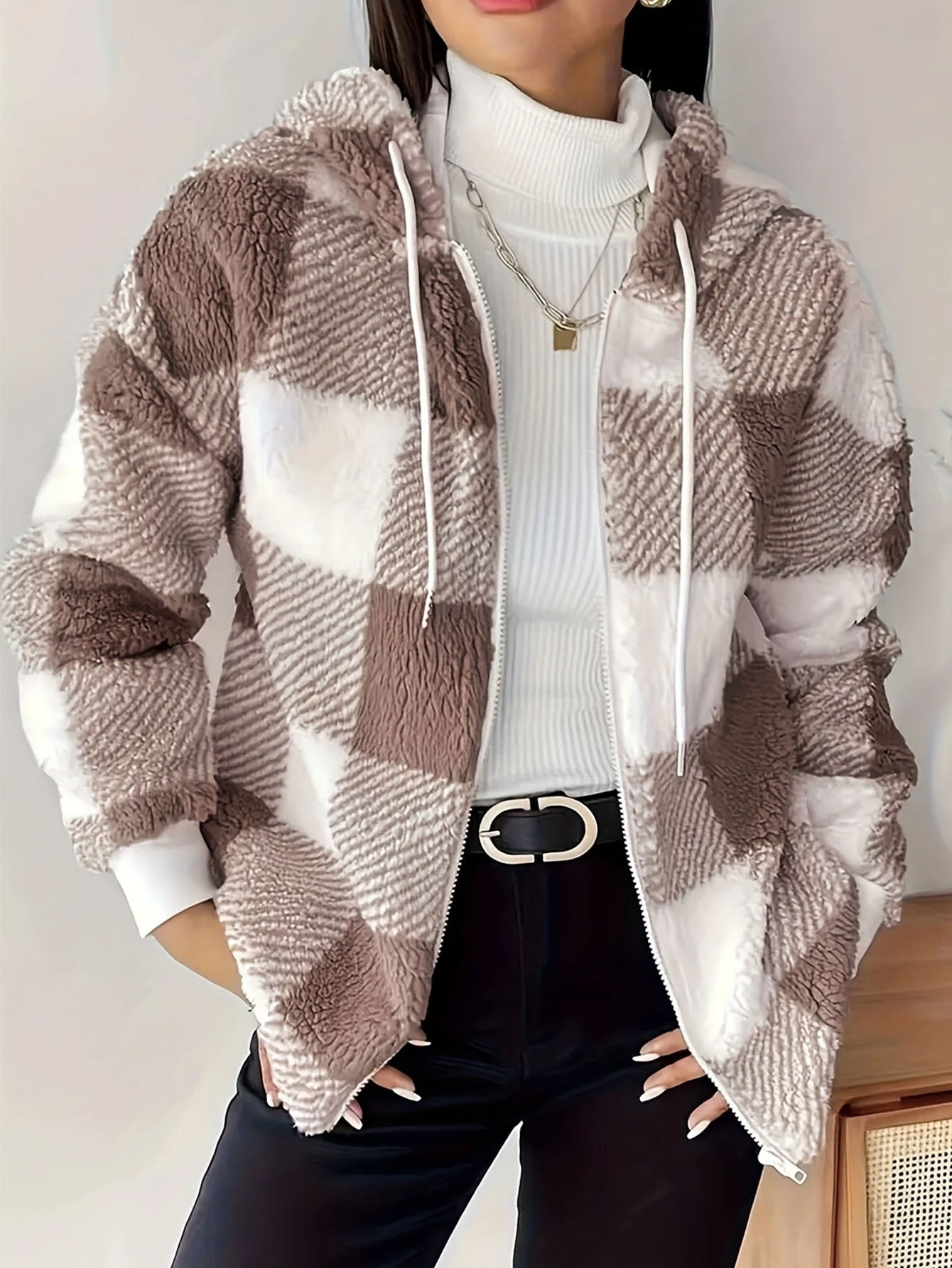 Plush Hooded Plaid Jacket For Women Street-wave Cozy Warmth And Modern Style For Cold Days
