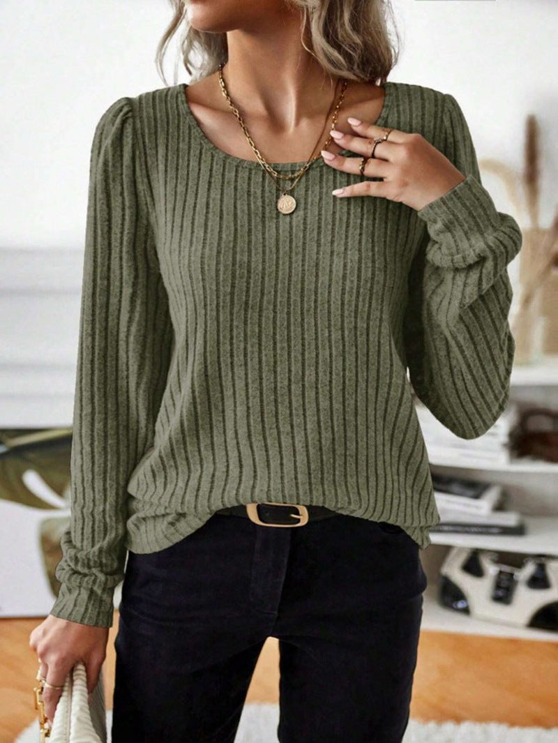 Streetwave Striped Puff Sleeve Sweater For Women Cozy Cotton Blend Knit Top Office Or Casual Wear