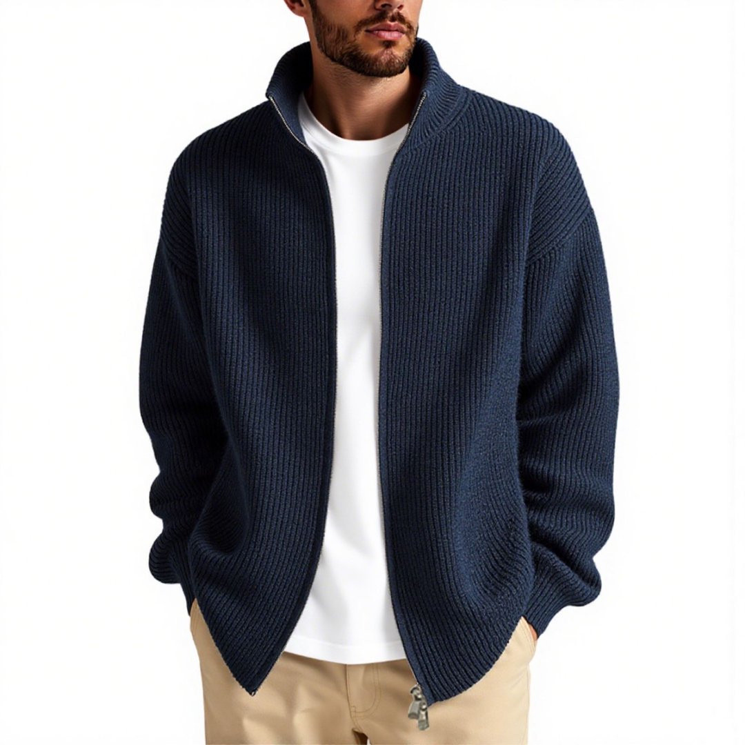 Men's Knit Cardigan With High Collar And Zip Front Street-Wave Premium Warmth For Modern Men