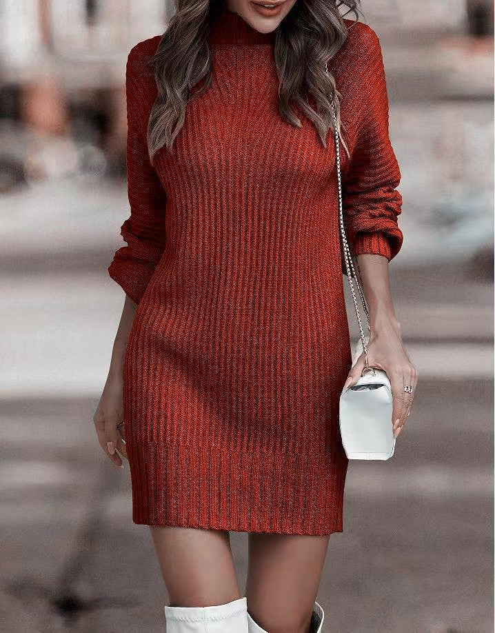 Street Wave Women Knit Dress With Wide Roll Neck And Puff Sleeves Cozy Chic Everyday Style