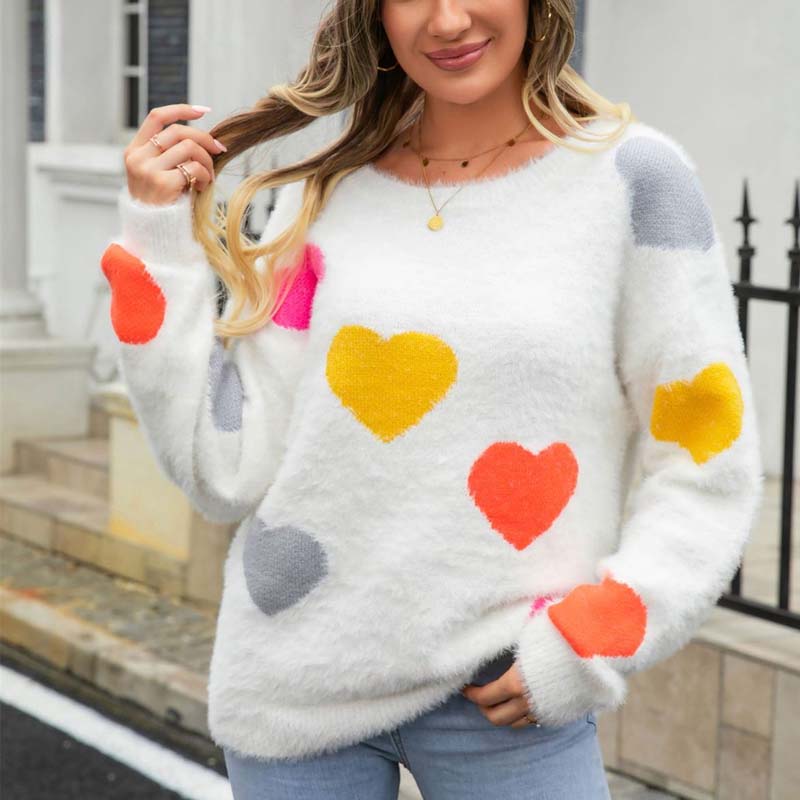 Street-wave Cozy Fuzzy Knit Sweater With Cute Heart Pattern For Women Casual Wear All Seasons