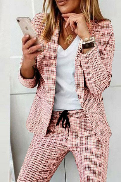 Street-Wave Women Checkered Blazer Set With Matching Trousers Versatile Office To Evening Wear