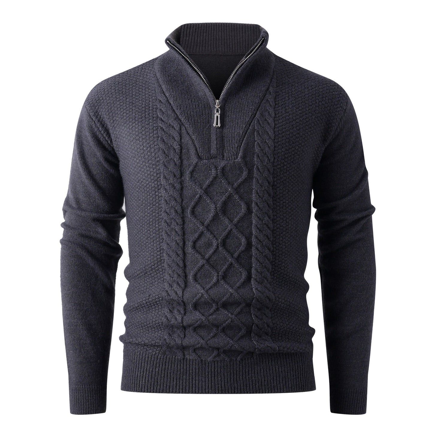 Street Wave Mens Chunky Knit Sweater With Zip Stand Collar Cozy Cable Knit Pullover For Winter