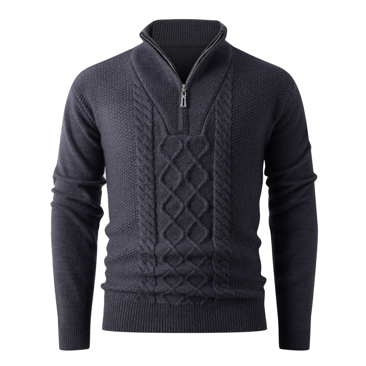 Street Wave Mens Chunky Knit Sweater With Zip Stand Collar Cozy Cable Knit Pullover For Winter
