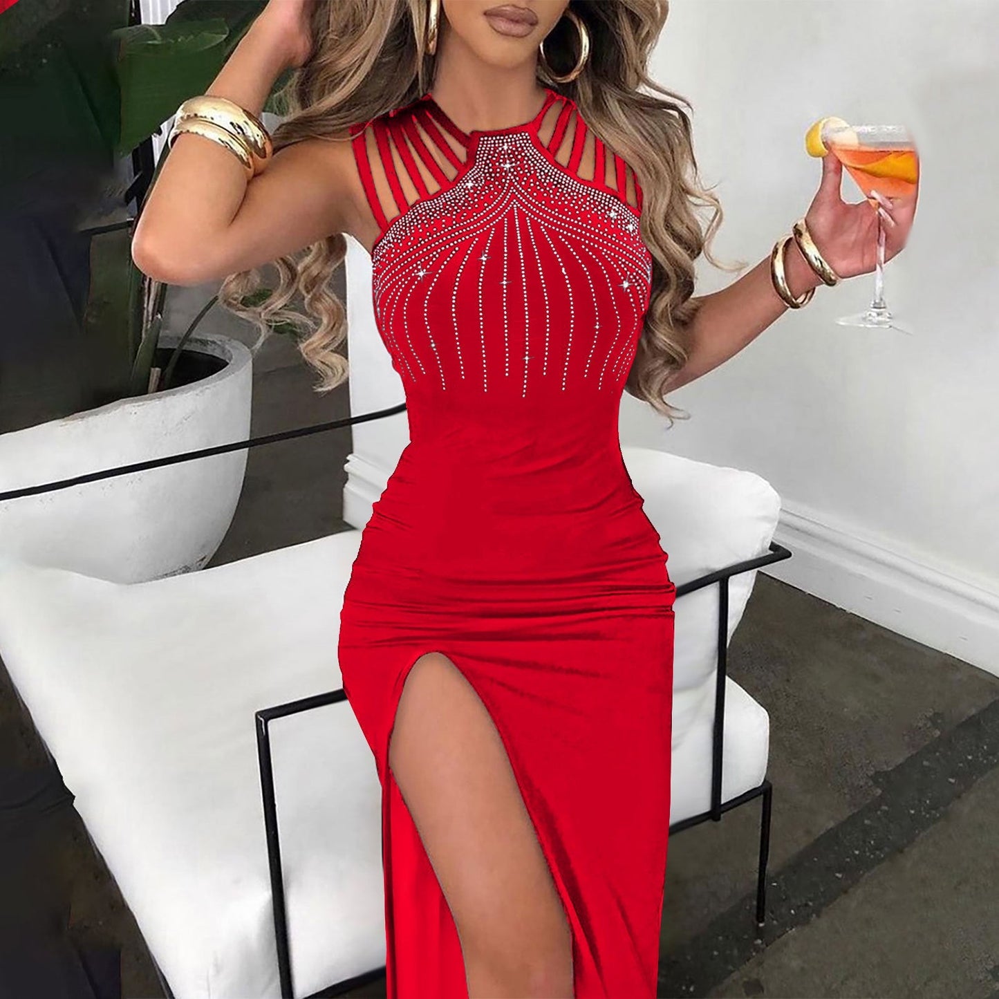 Street Wave Sequin Embellished Evening Dress With Rhinestone Detailing For Women High Slit