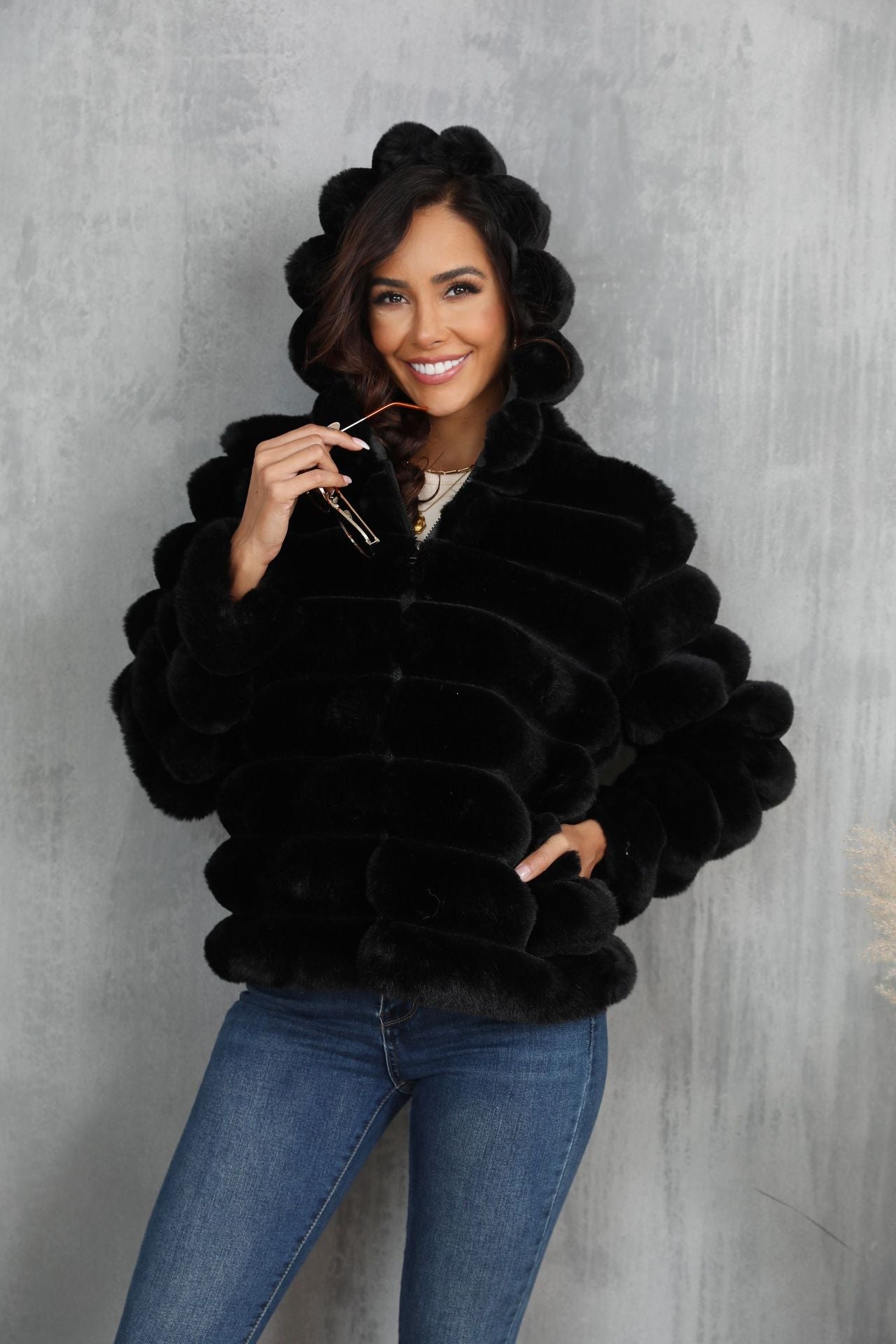 Streetwave Womens Faux Fur Hoodie Jacket With Structured Pattern For Cold Days Warm And Cozy