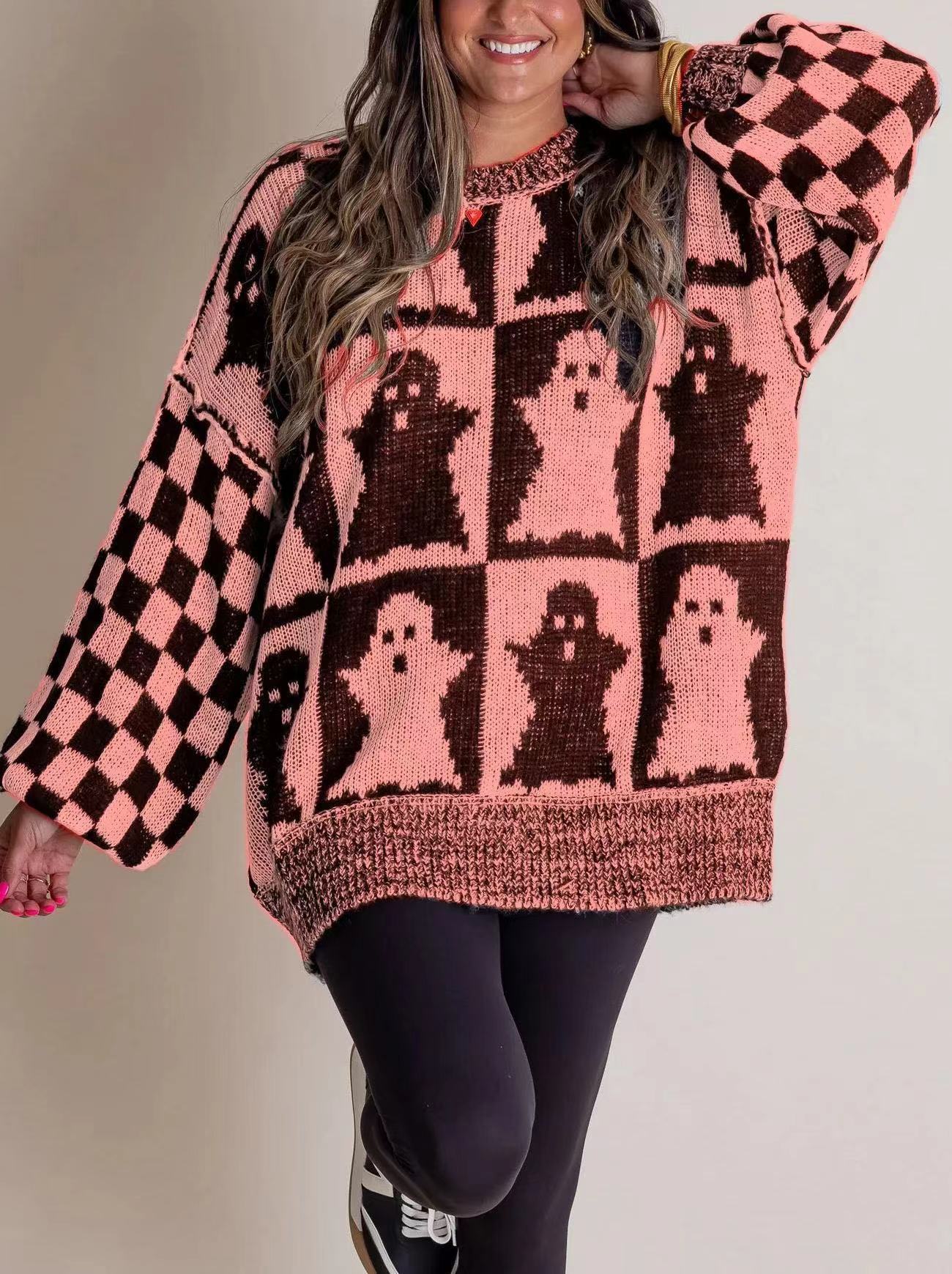 Street Wave Cozy Oversized Halloween Ghost Knit Sweater For Women With Soft Cotton Comfort