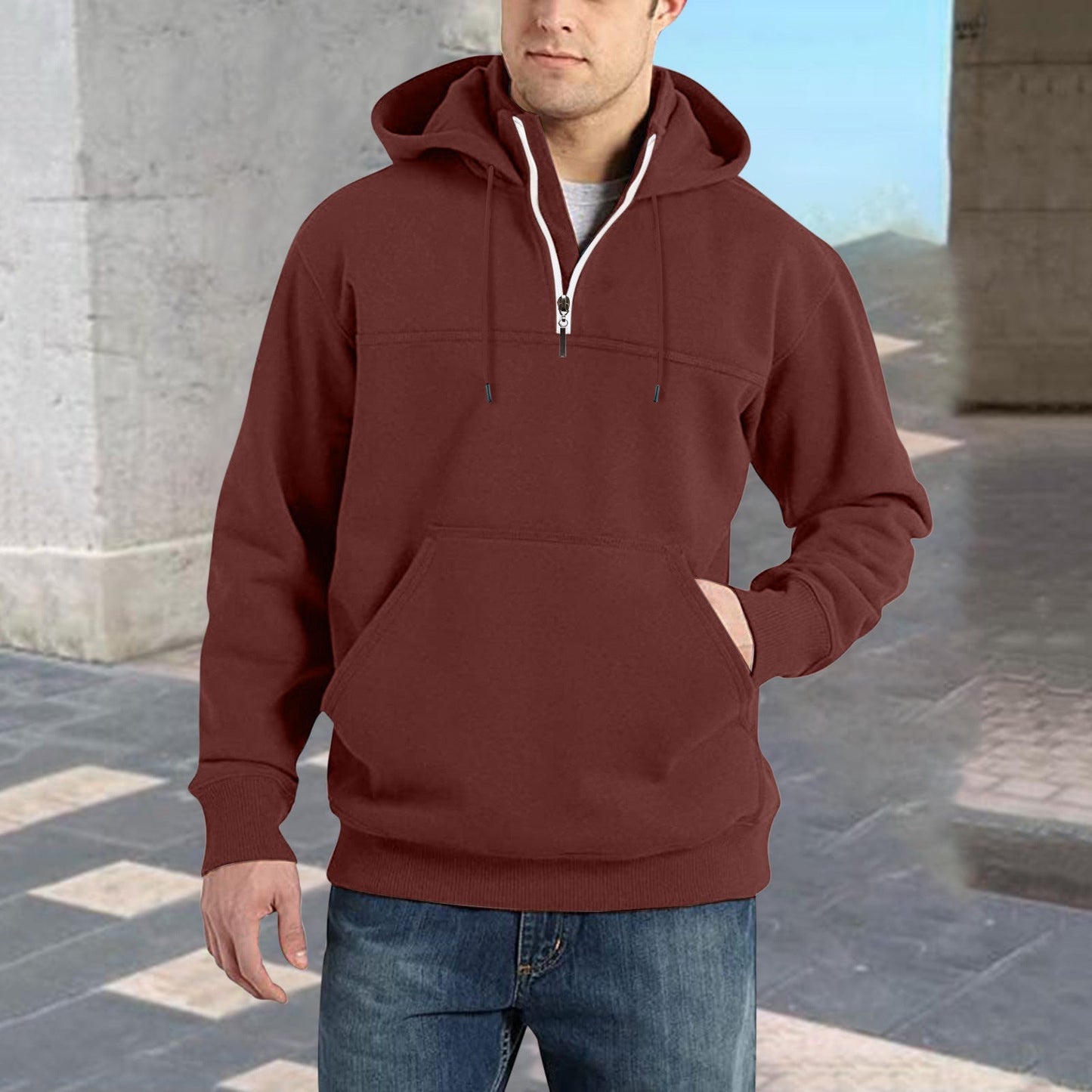 Street Wave Mens Half Zip Hoodie With Kangaroo Pocket For Casual Athleisure Comfort