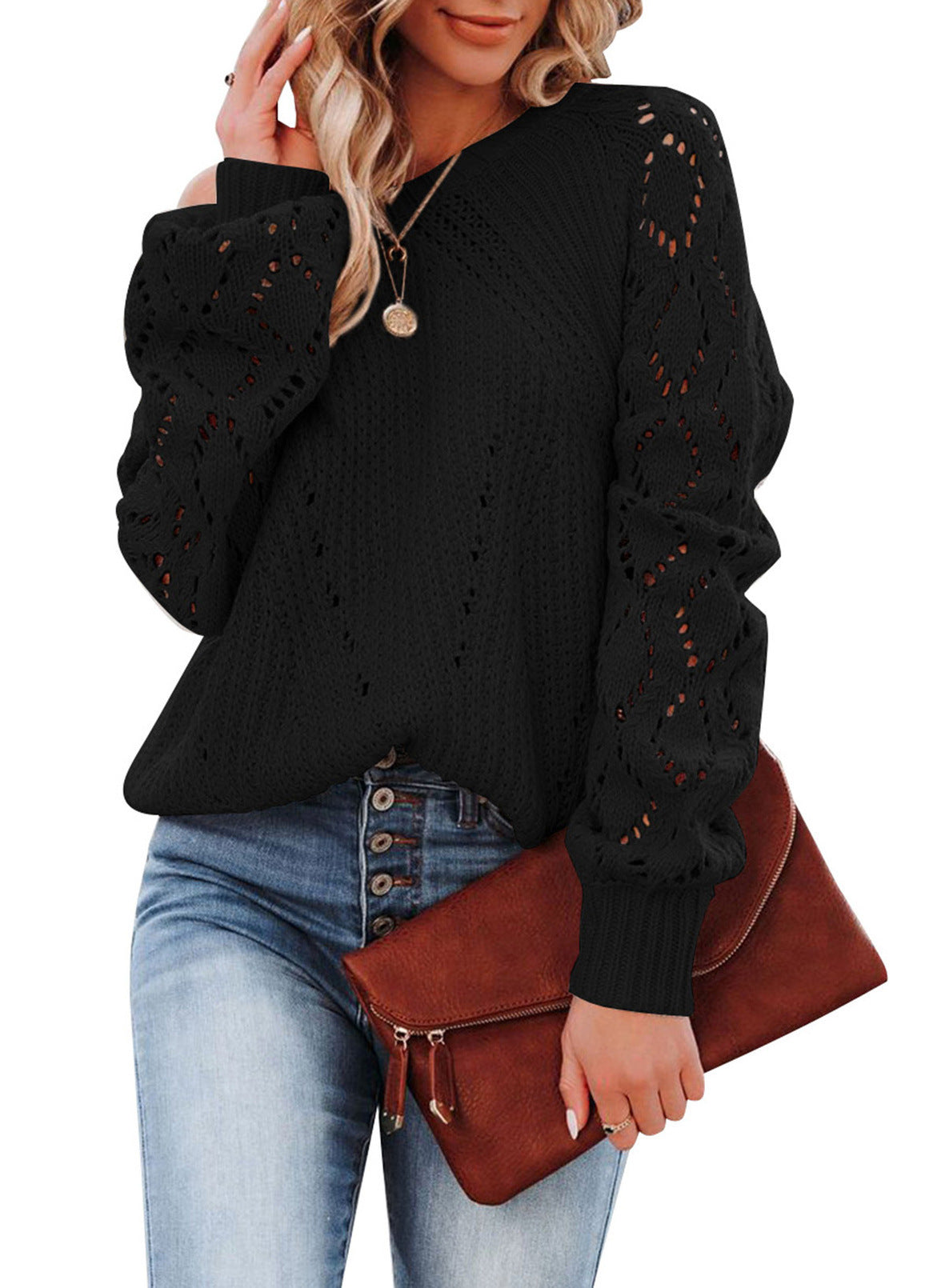Street-wave Women's Elegant Crochet Knit Sweater with Airy Mesh Texture and Wide Sleeves