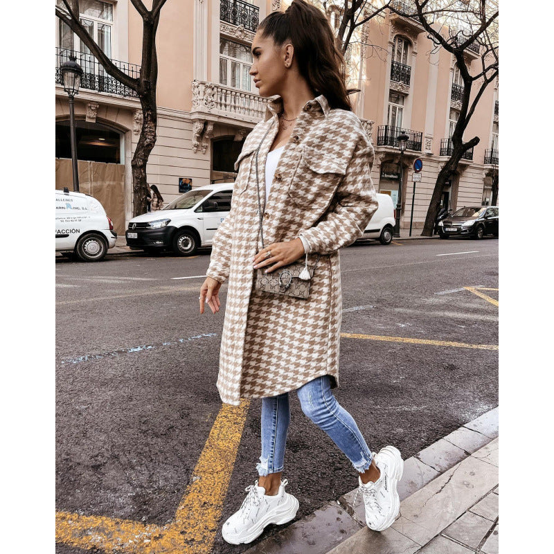 Street-wave Women Houndstooth Oversized Shirt Jacket Versatile Layering Chic Comfort And Street Style