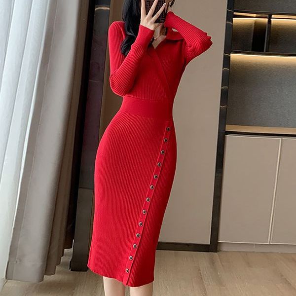 Street-wave Women Knit Dress With Button Detail And Elegant V-Neck For Chic Everyday Officewear