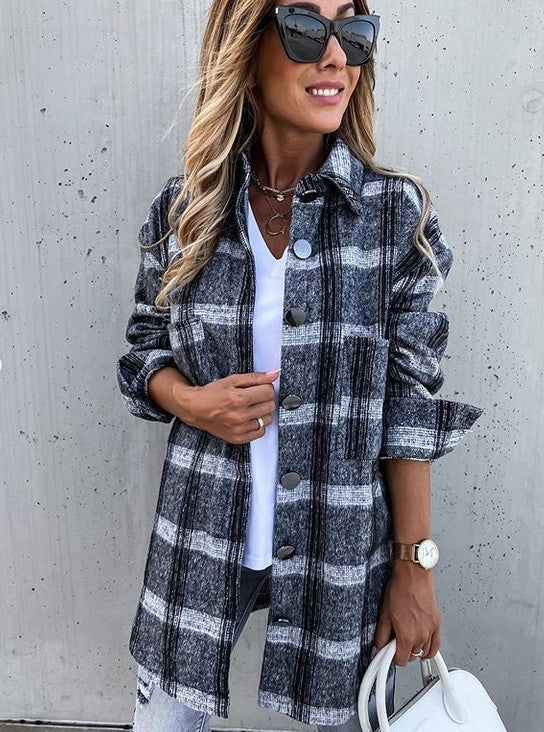 Street Wave Plaid Wool Look Coat Plus Size Oversized Mid Length Button Closure For Women