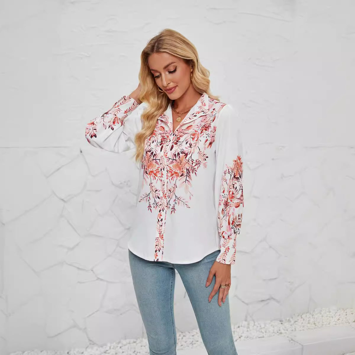Womens Blouse Street-Wave Lightweight Floral Print Relaxed Fit