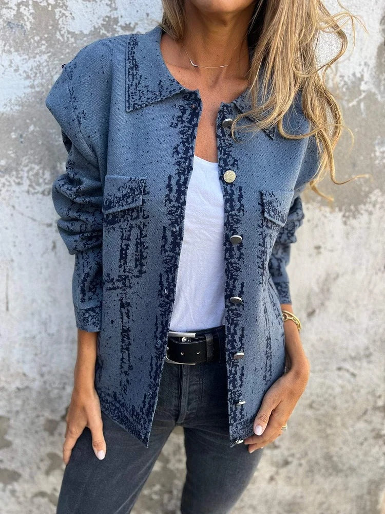 Streetwave Printed Knitted Revers Jacket With Metal Buttons For Modern Women And Everyday Comfort