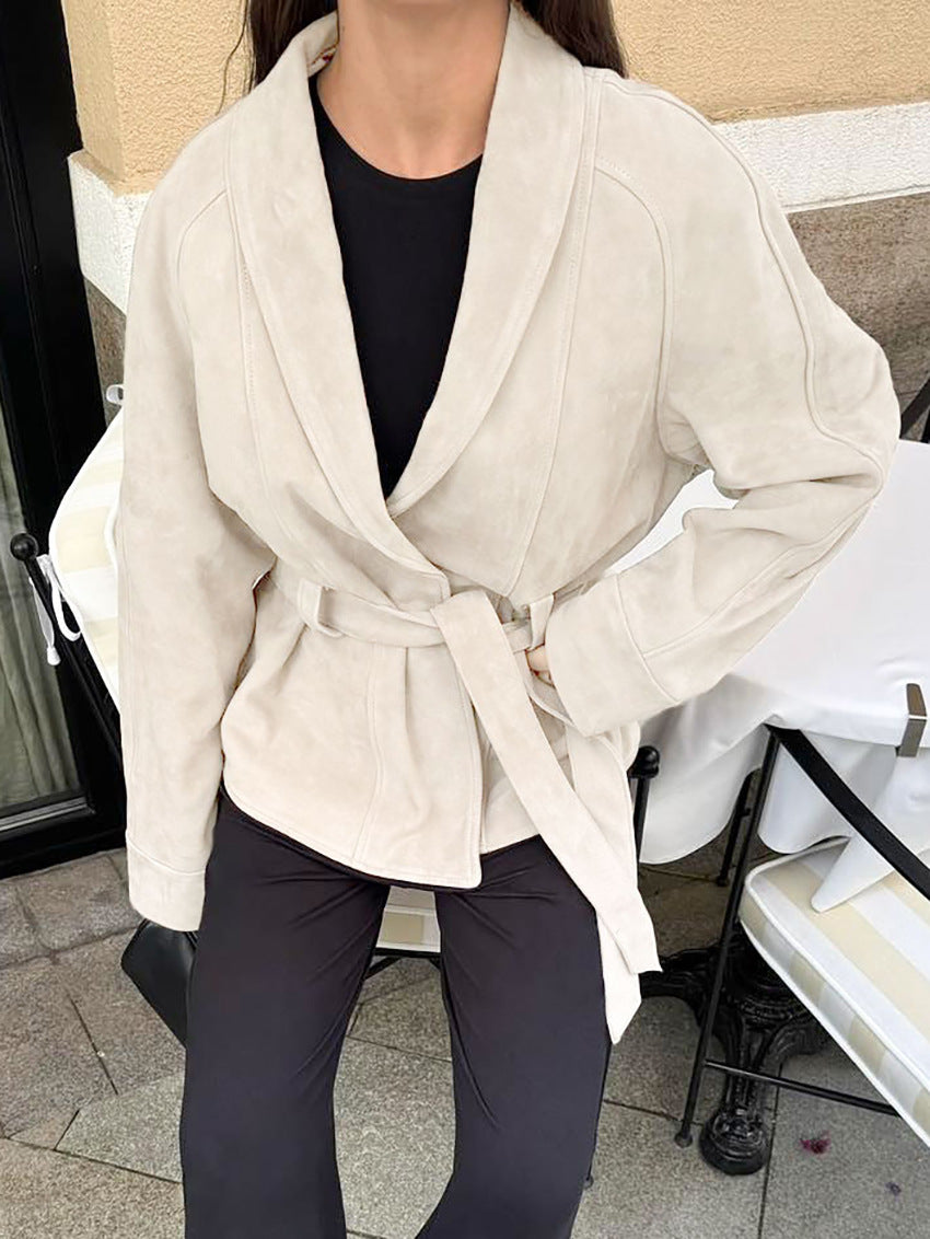 Street-wave Nubuck Suede Belted Coat For Women Warmth And Comfort With Durable Leather