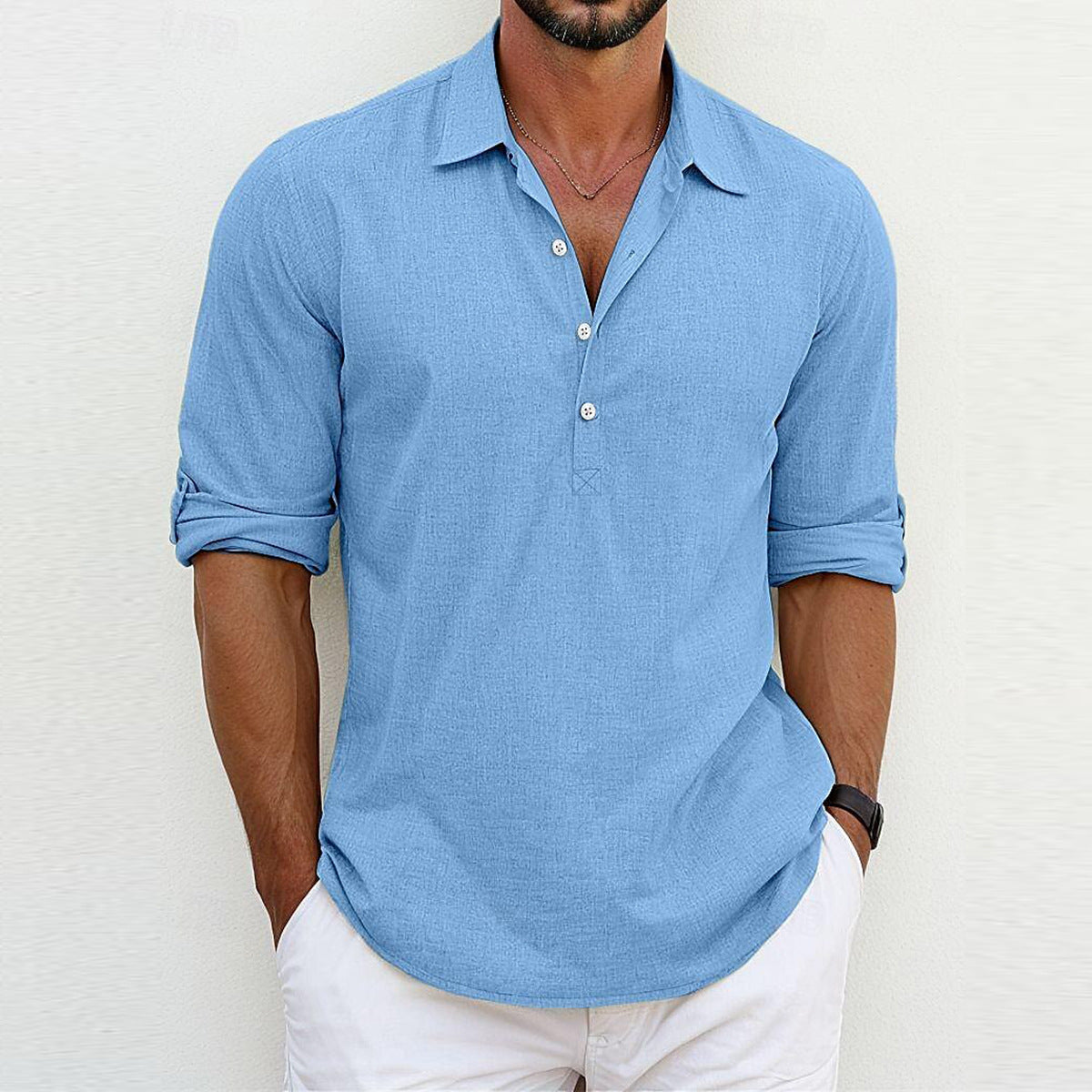 Street-Wave Mens Casual Long Sleeve Shirt With Button Placket Modern Fit Breathable Cotton Blend