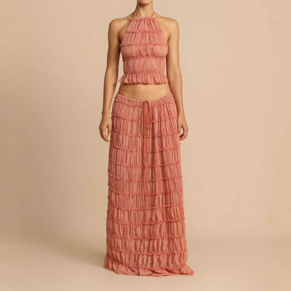 Street-Wave Womens Two-Piece Set Ruched Halter Crop Top Elastic Waist Maxi Skirt