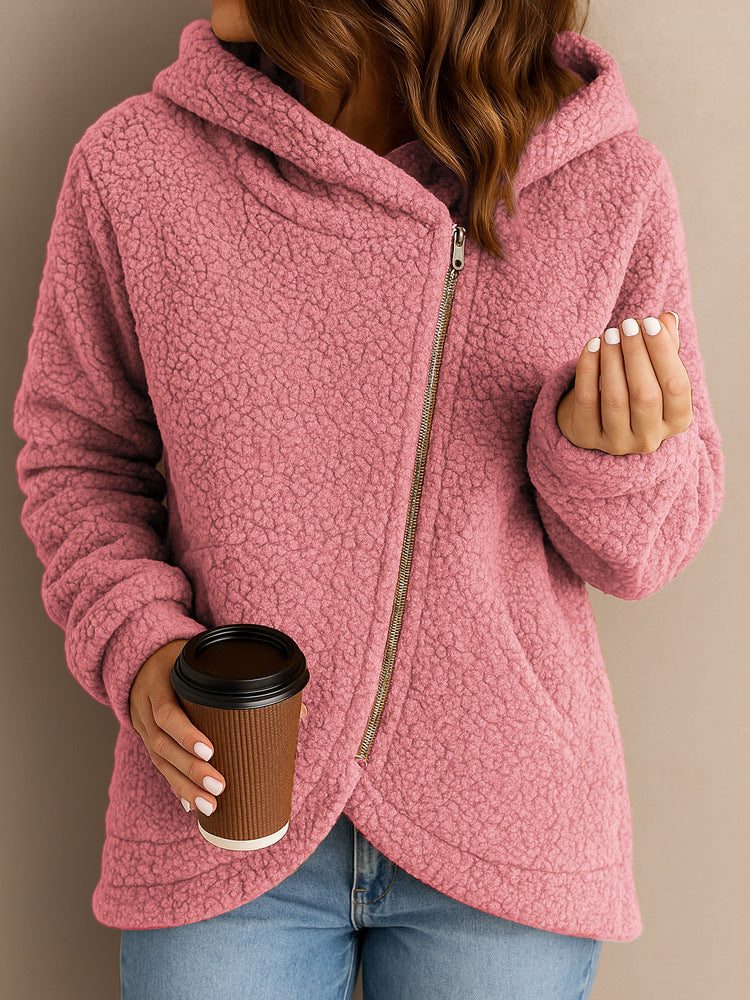 Street-wave Womens Fluffy Fleece Hoodie With Asymmetric Zip For Cozy Warmth Everyday Wear For Active Lifestyles