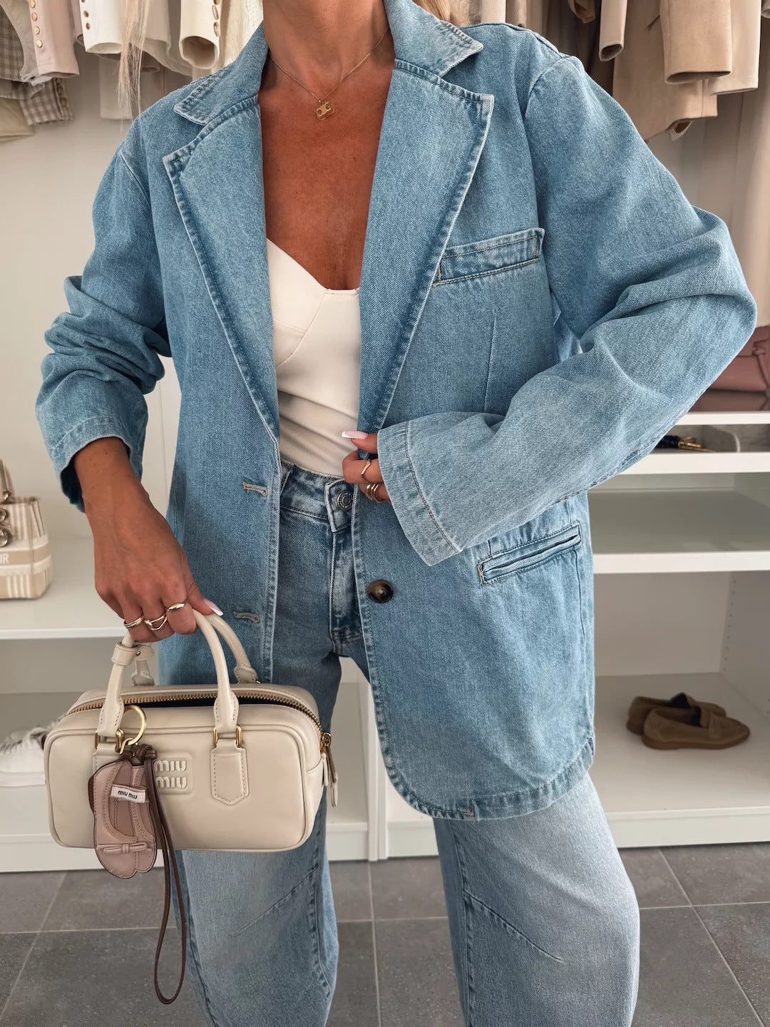 Street-Wave Denim Blazer Washed Blue Loose Fit For Women Vintage Streetwear Charm