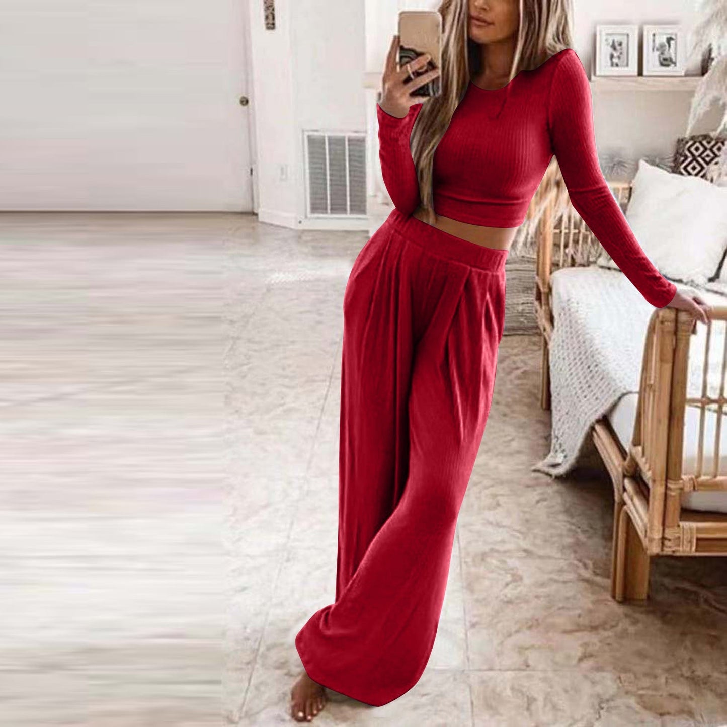 Streetwave Elegant Womens Comfortable Lounge Set With Long Sleeve Top And Wide Leg Pants For Women