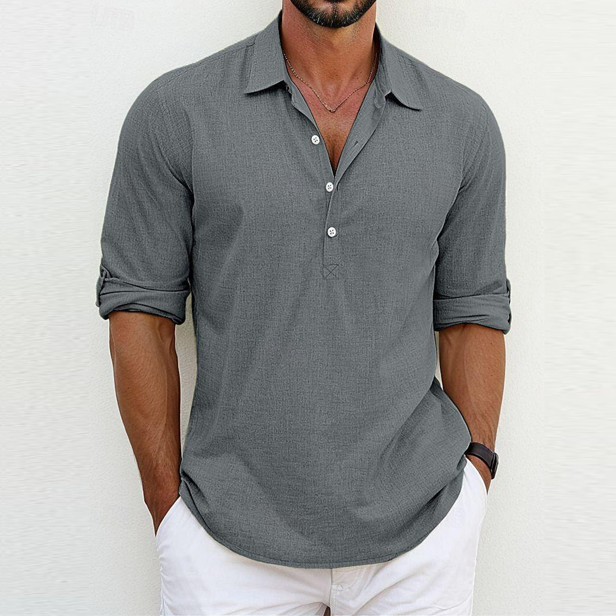 Street-wave Men's Fashion Shirt With Three Quarter Sleeves And Button Placket - Versatile Everyday Casual