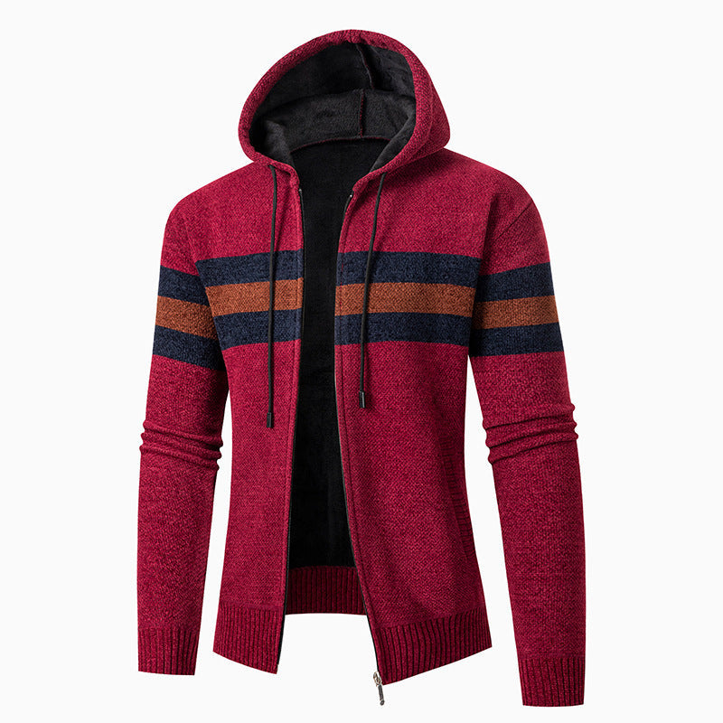 Streetwave Men's Hooded Knit Cardigan With Contrast Stripes For Casual Comfort And Style
