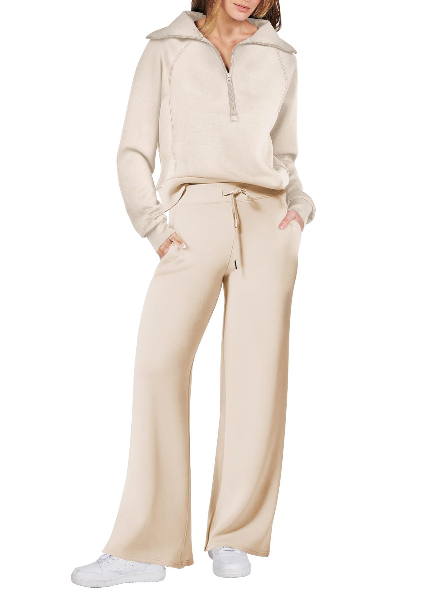 Street-wave Women’s Cozy Two Piece Set With Zip Front And Pockets Casual Loungewear For Home