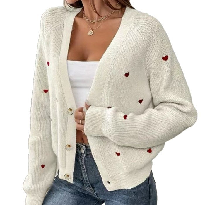 Street Wave Women's Cardigan With Heart Appliques And Deep V Neck Soft Cotton Cozy Fit
