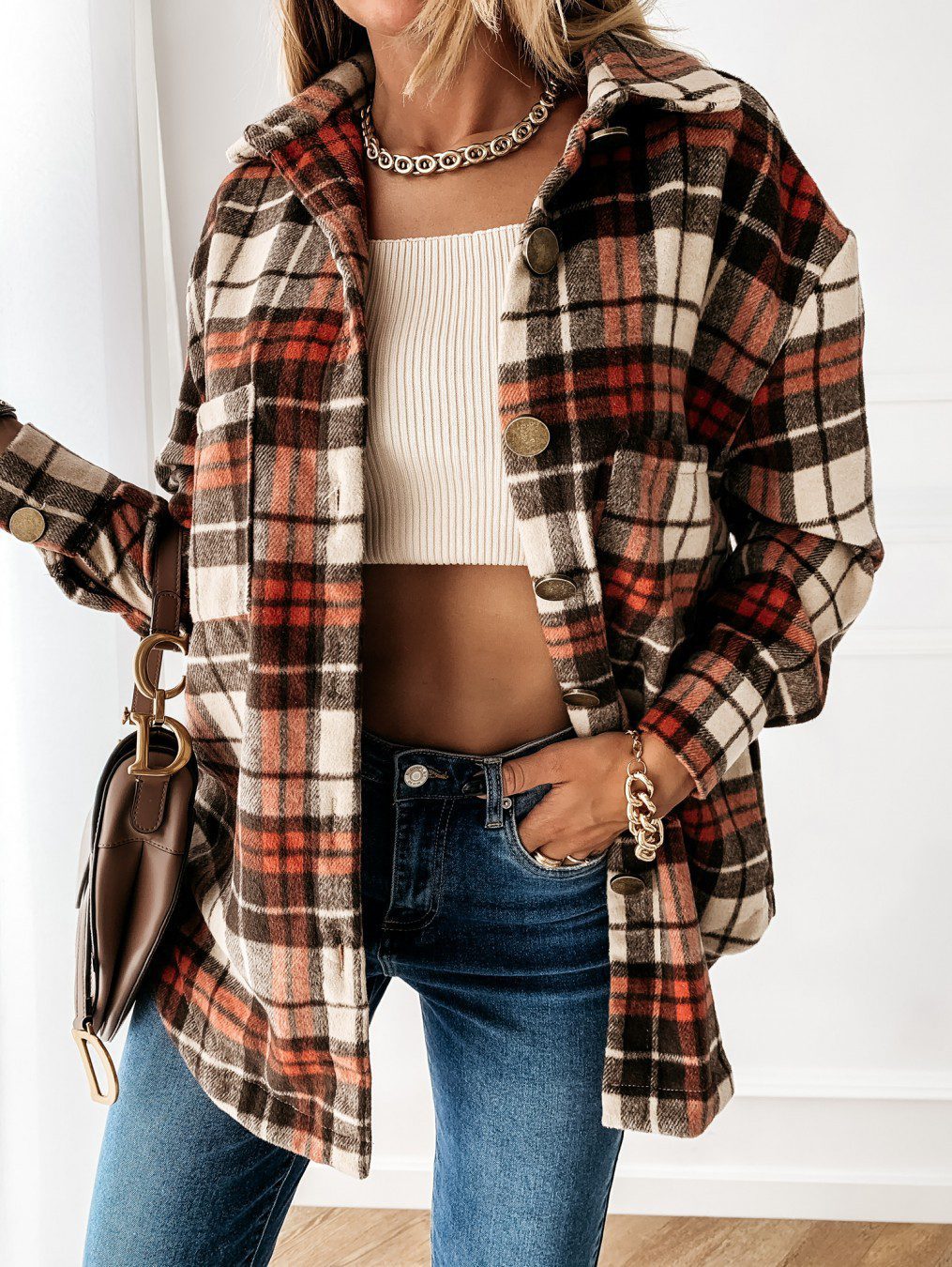 Street-wave Oversized Shirt Jacket Plaid Pattern Casual Chic For Women Versatile Layering Essential